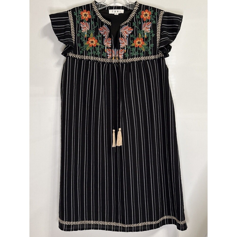 THML Small Dress Embroidered Stripe Shift Flutter Sleeve Tassel Boho Floral